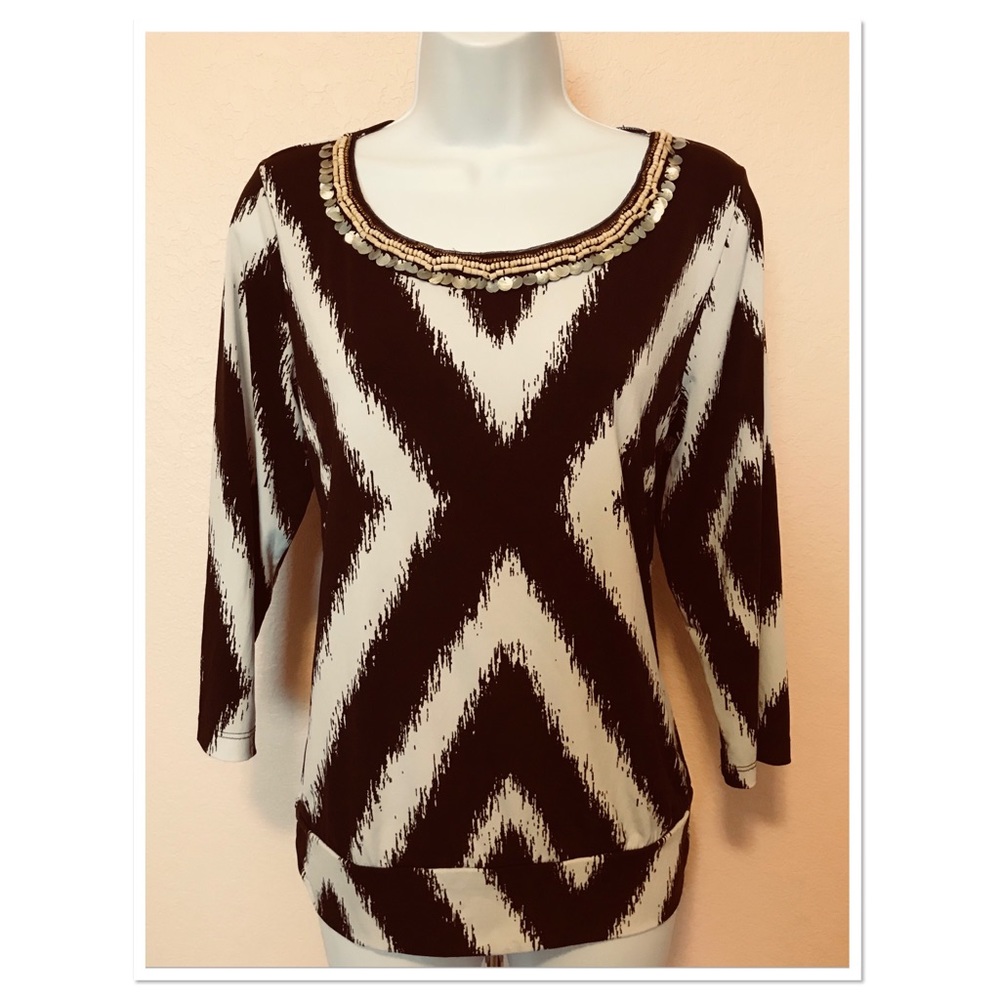 Chico’s Brown White Striped Beaded Neck Top Size 1